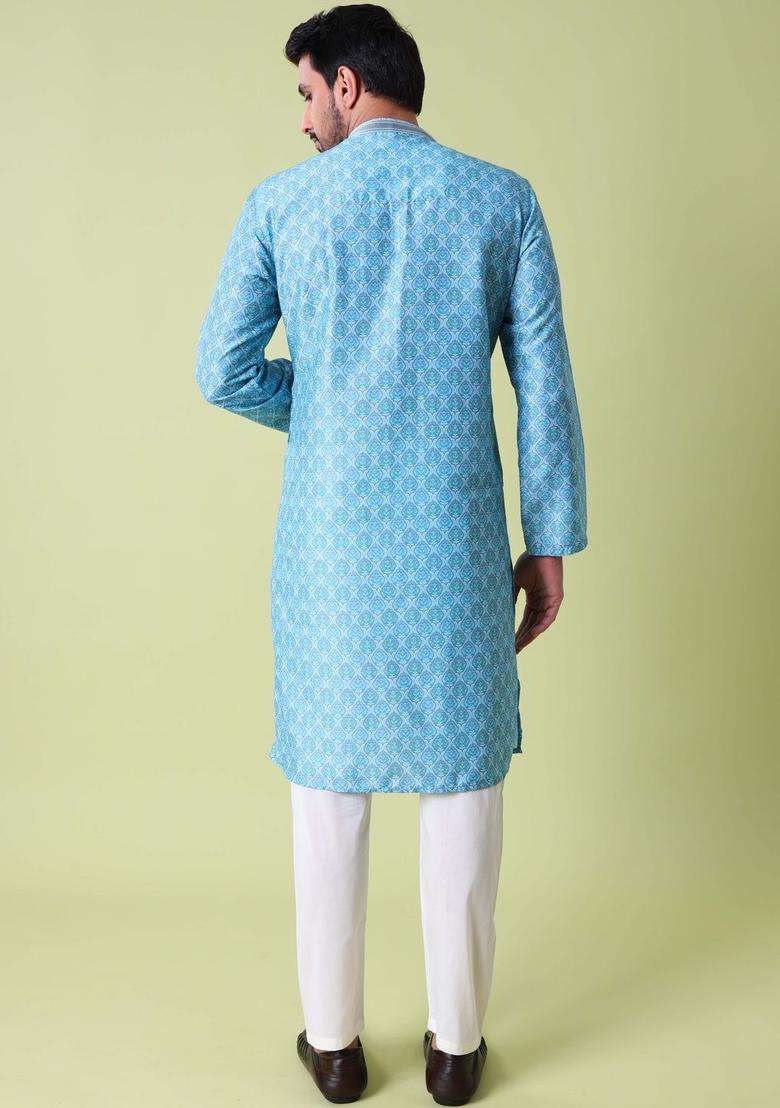 Blue Printed Silk Blend Kurta Set For Men - Indya