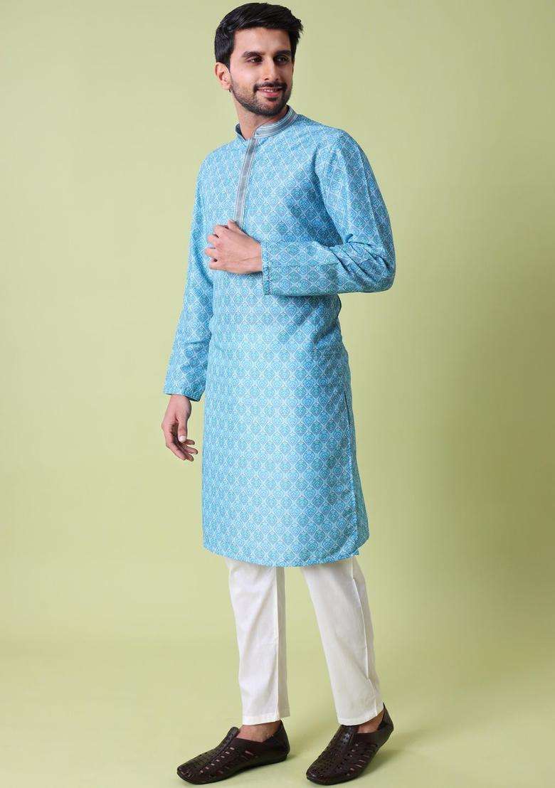 Blue Printed Silk Blend Kurta Set For Men - Indya