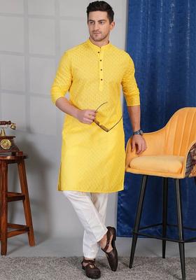Yellow Self Design Cotton Kurta Set For Men