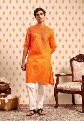 Orange Embroidered Polyester Kurta Set For Men