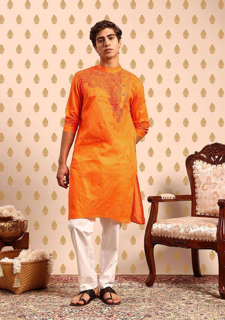 Orange Embroidered Polyester Kurta Set For Men - Indya