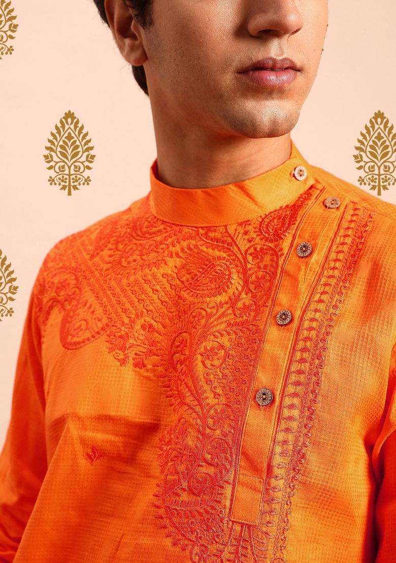 Orange Embroidered Polyester Kurta Set For Men - Indya