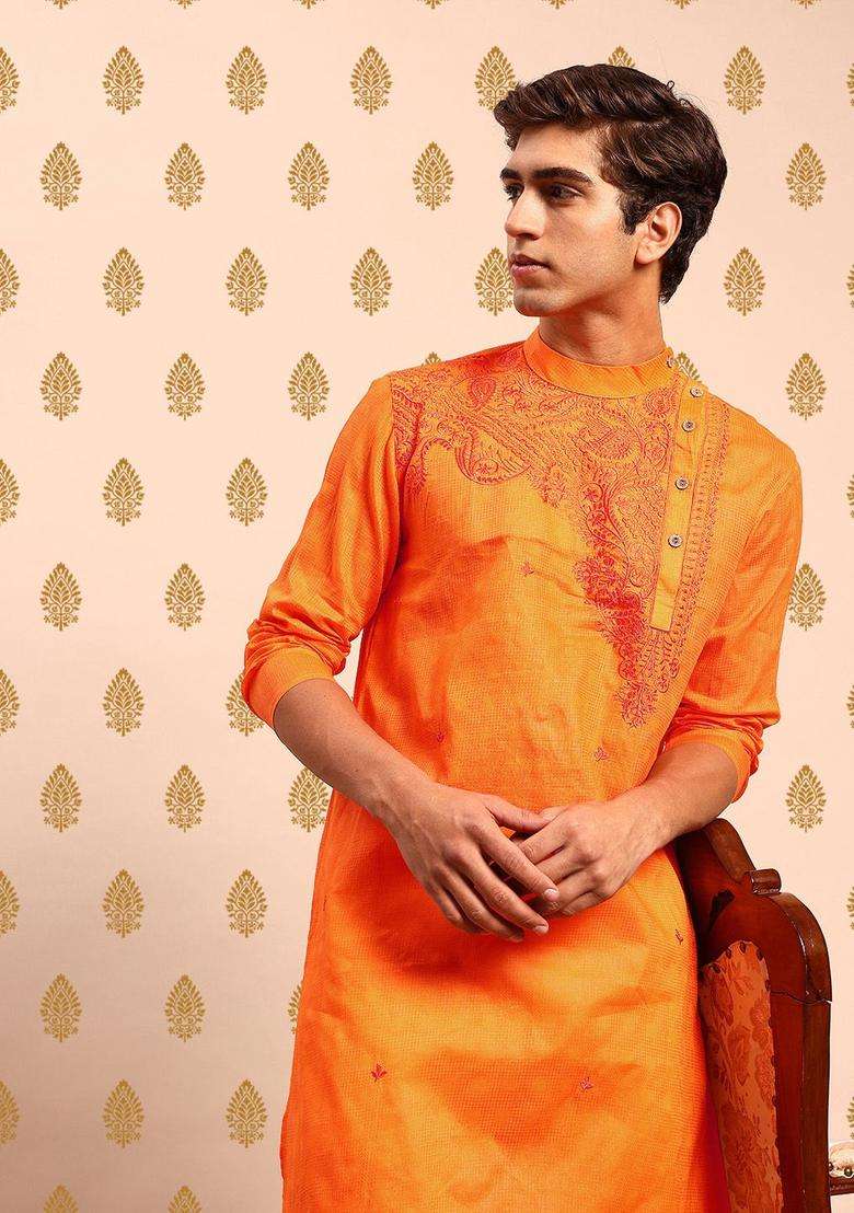 Orange Embroidered Polyester Kurta Set For Men - Indya