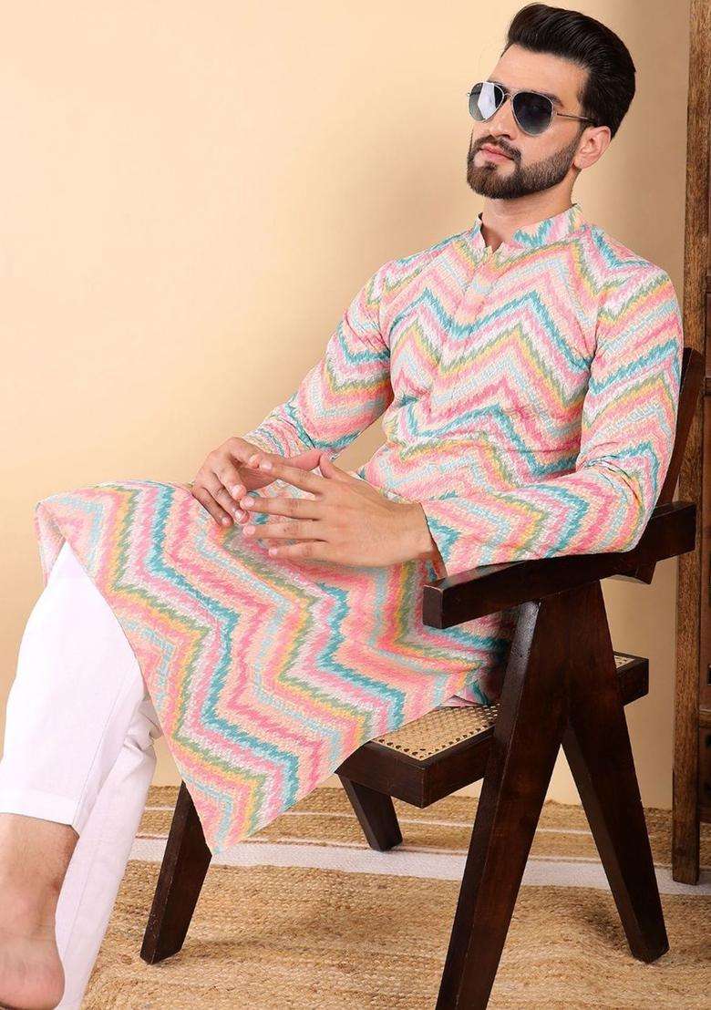 Multi Printed Viscose Kurta Set For Men - Indya