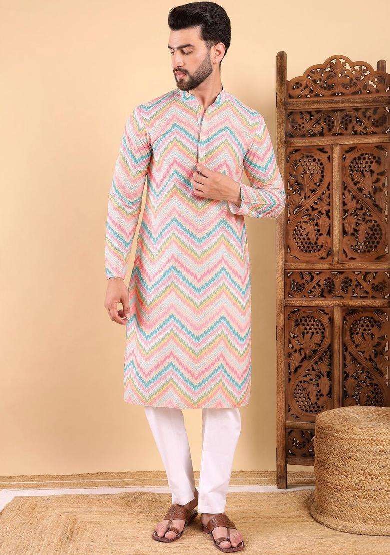 Multi Printed Viscose Kurta Set For Men - Indya