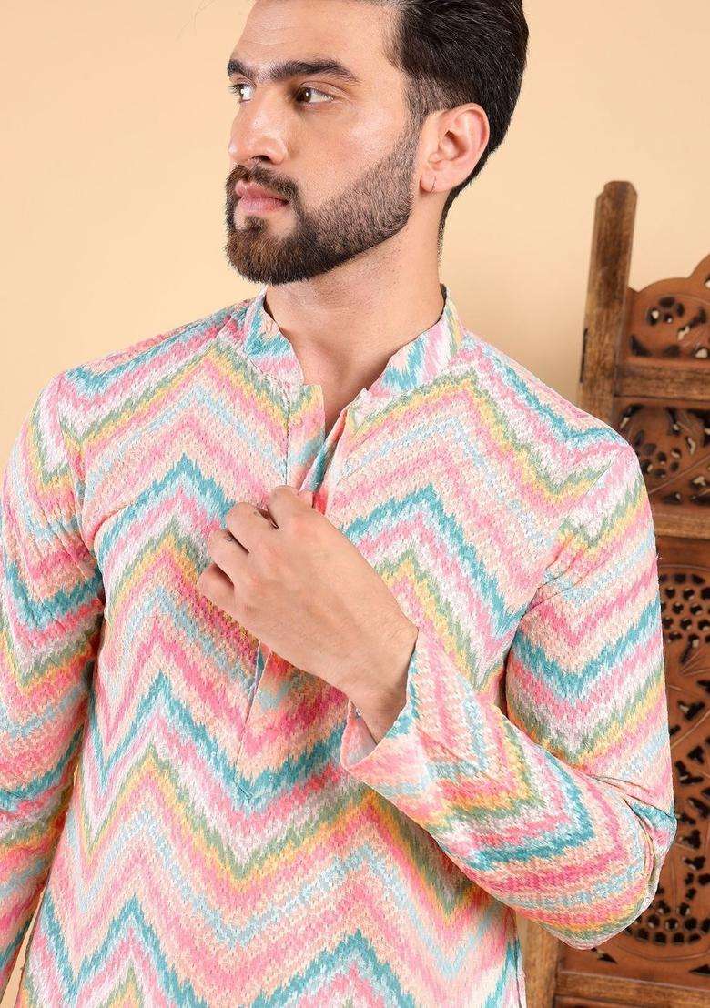Multi Printed Viscose Kurta Set For Men - Indya