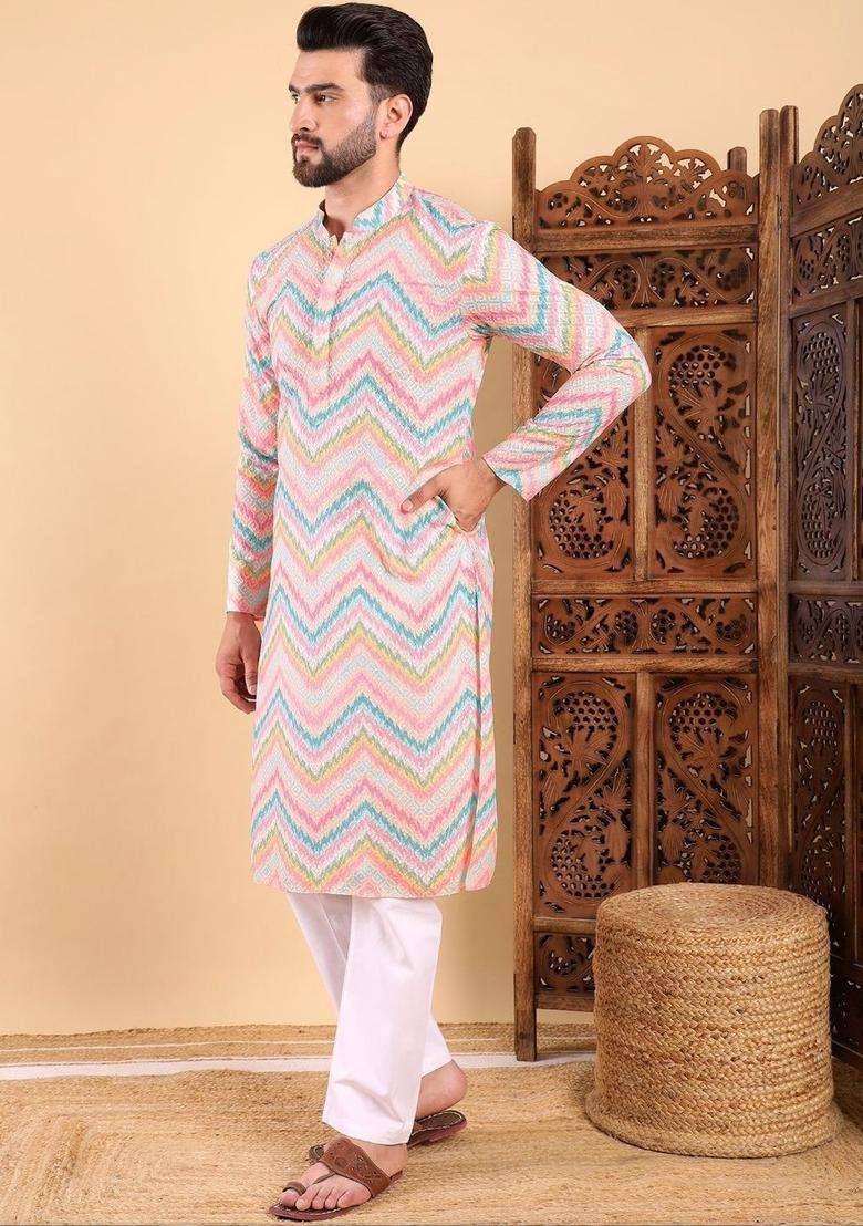 Multi Printed Viscose Kurta Set For Men - Indya