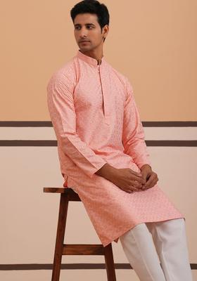 Peach Embroidered Silk Kurta Set For Men