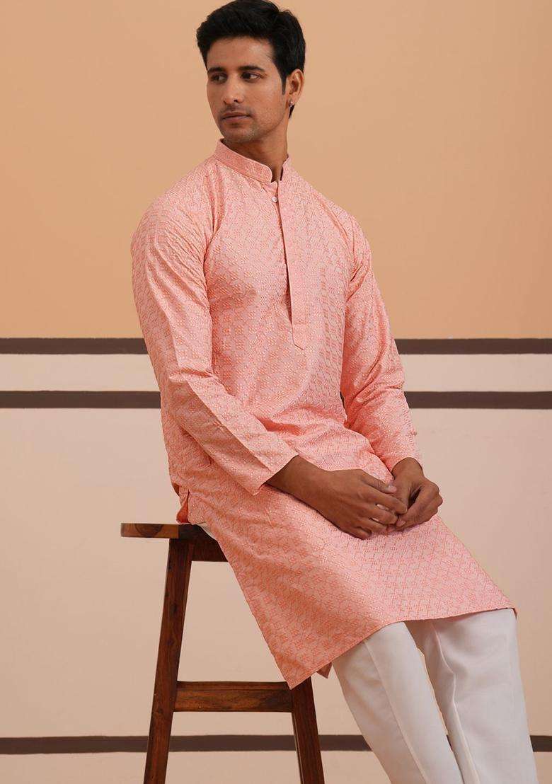 Peach Embroidered Silk Blend Kurta Set For Men - Indya
