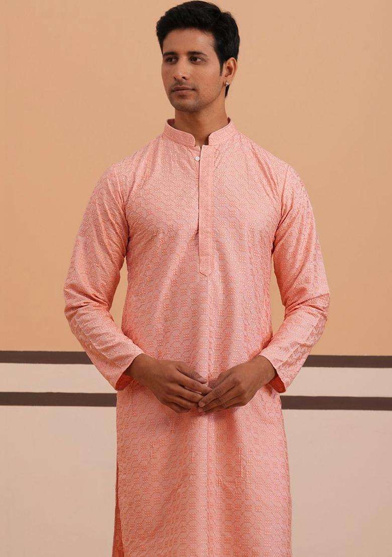 Peach Embroidered Silk Blend Kurta Set For Men - Indya