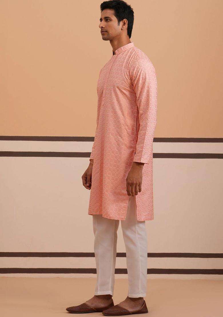 Peach Embroidered Silk Blend Kurta Set For Men - Indya