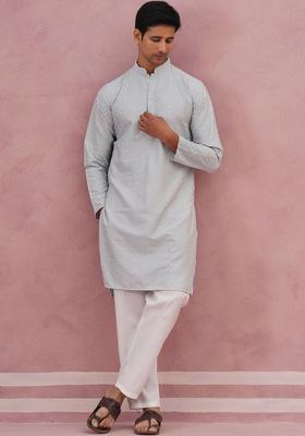 Grey Embroidered Silk Kurta Set For Men