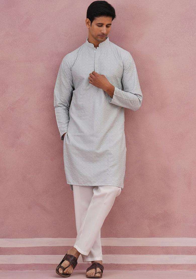 Grey Embroidered Silk Blend Kurta Set For Men - Indya