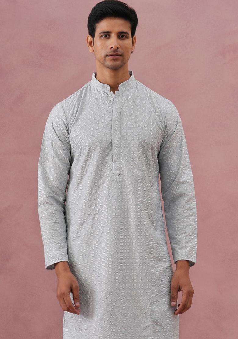 Grey Embroidered Silk Blend Kurta Set For Men - Indya