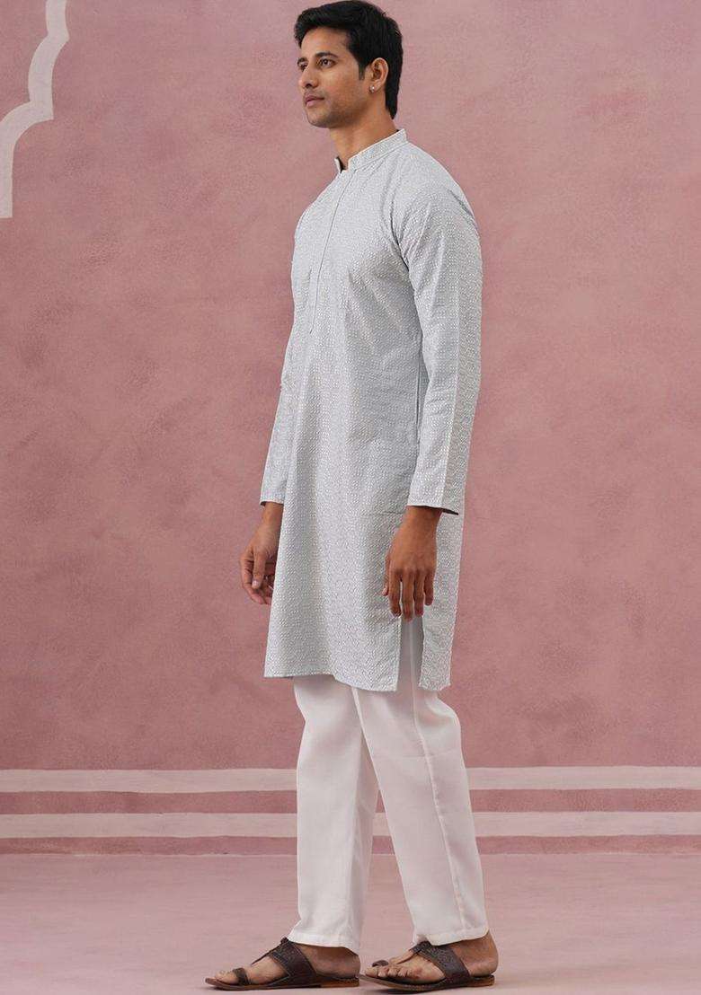 Grey Embroidered Silk Blend Kurta Set For Men - Indya