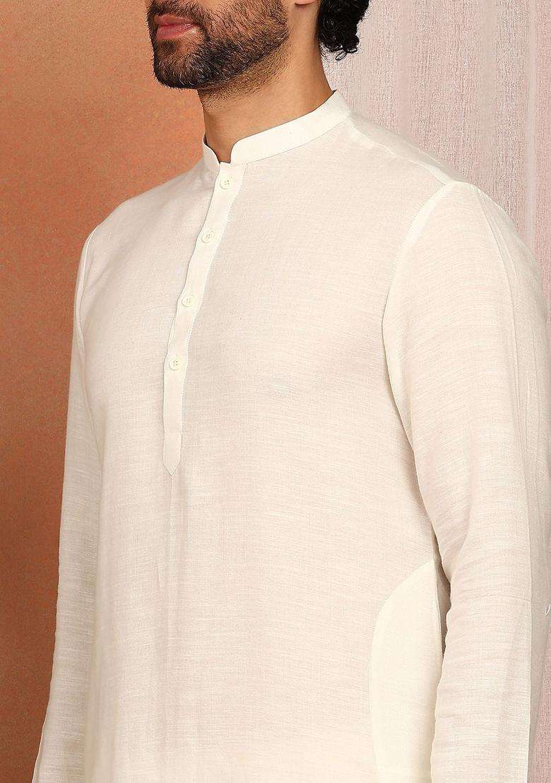 Off White Solid Cotton Kurta Set For Men - Indya