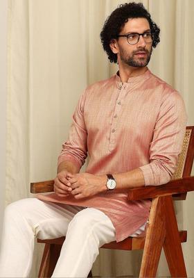 Peach Woven Design Cotton Kurta Set For Men