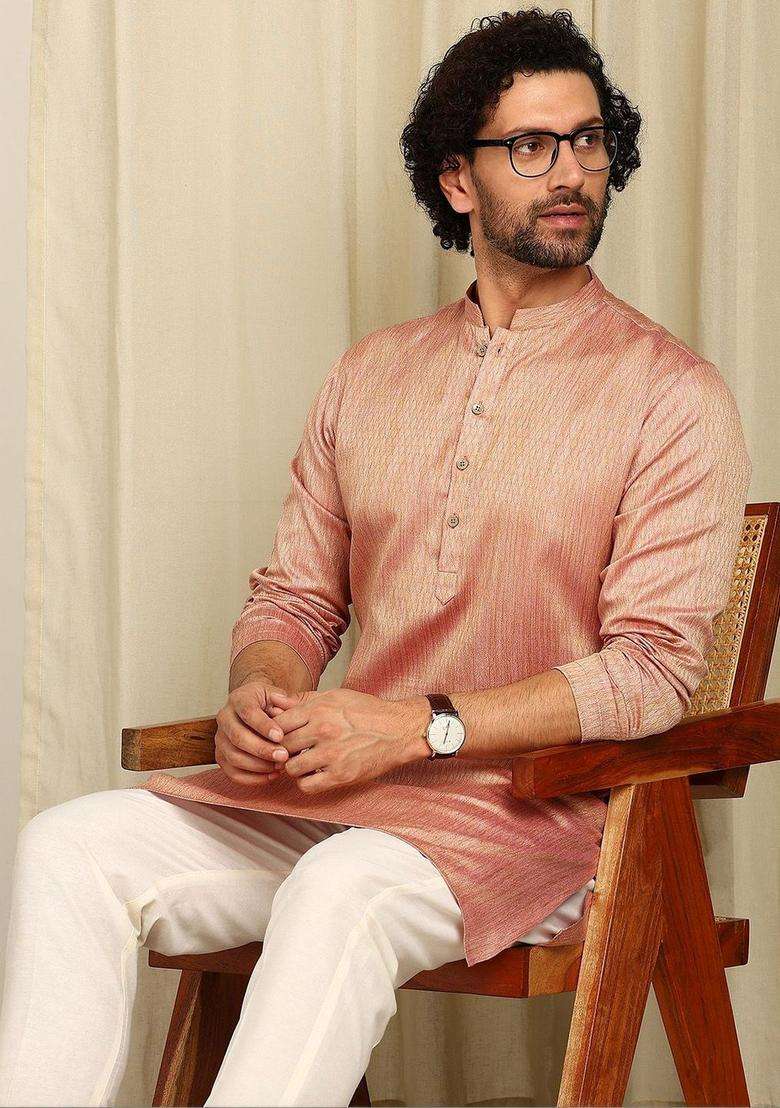 Peach Woven Design Cotton Kurta Set For Men - Indya
