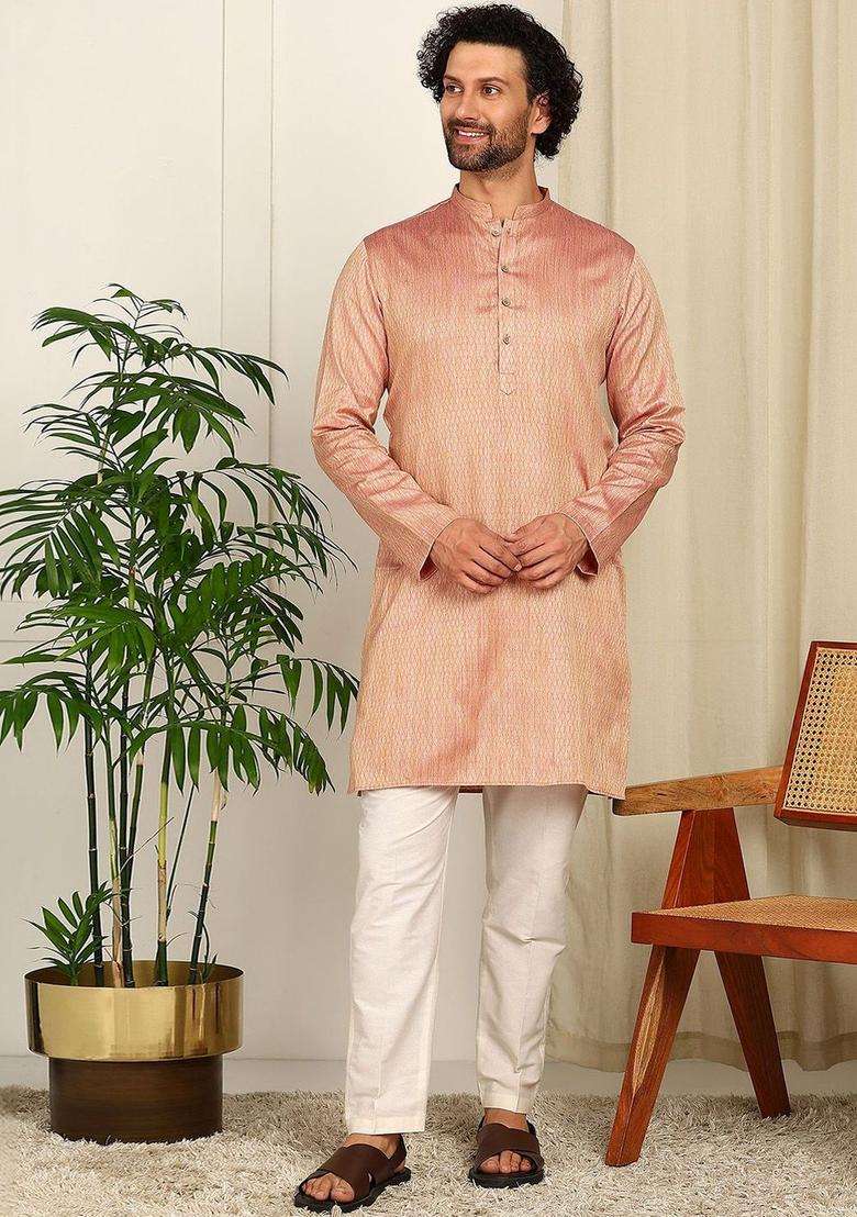 Peach Woven Design Cotton Kurta Set For Men - Indya