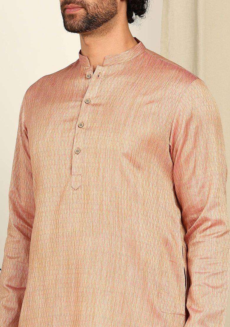 Peach Woven Design Cotton Kurta Set For Men - Indya