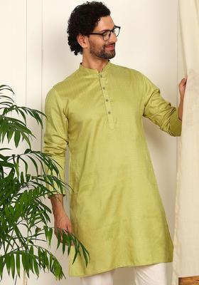 Lime Green Self Design Cotton Kurta Set For Men
