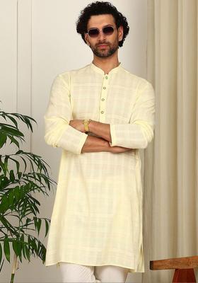 Yellow Self Design Cotton Kurta Set For Men
