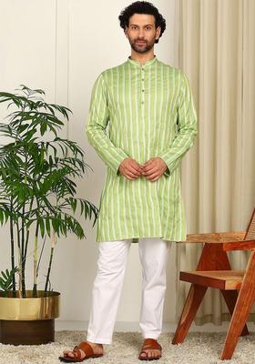 Lime Green Striped Cotton Kurta Set For Men