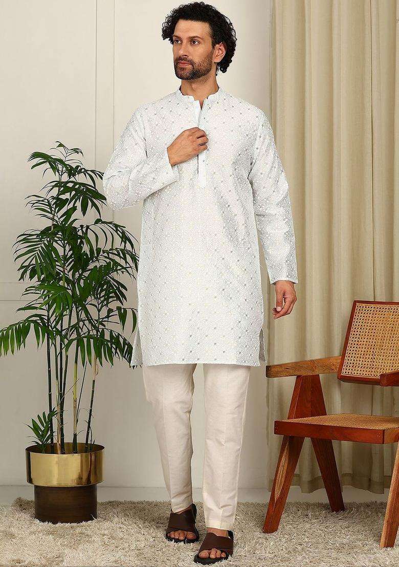 White Embroidered Silk Blend Kurta Set For Men - Indya
