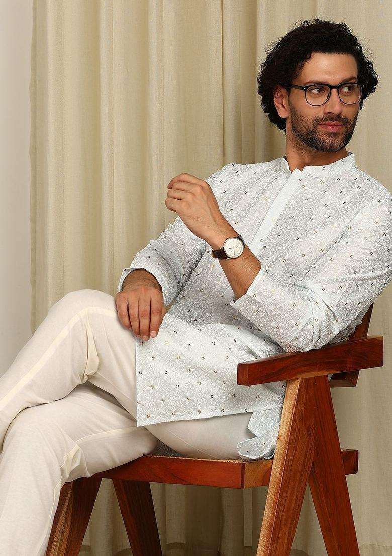 White Embroidered Silk Blend Kurta Set For Men - Indya