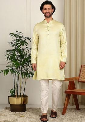 Lime Green Self Design Cotton Kurta Set For Men
