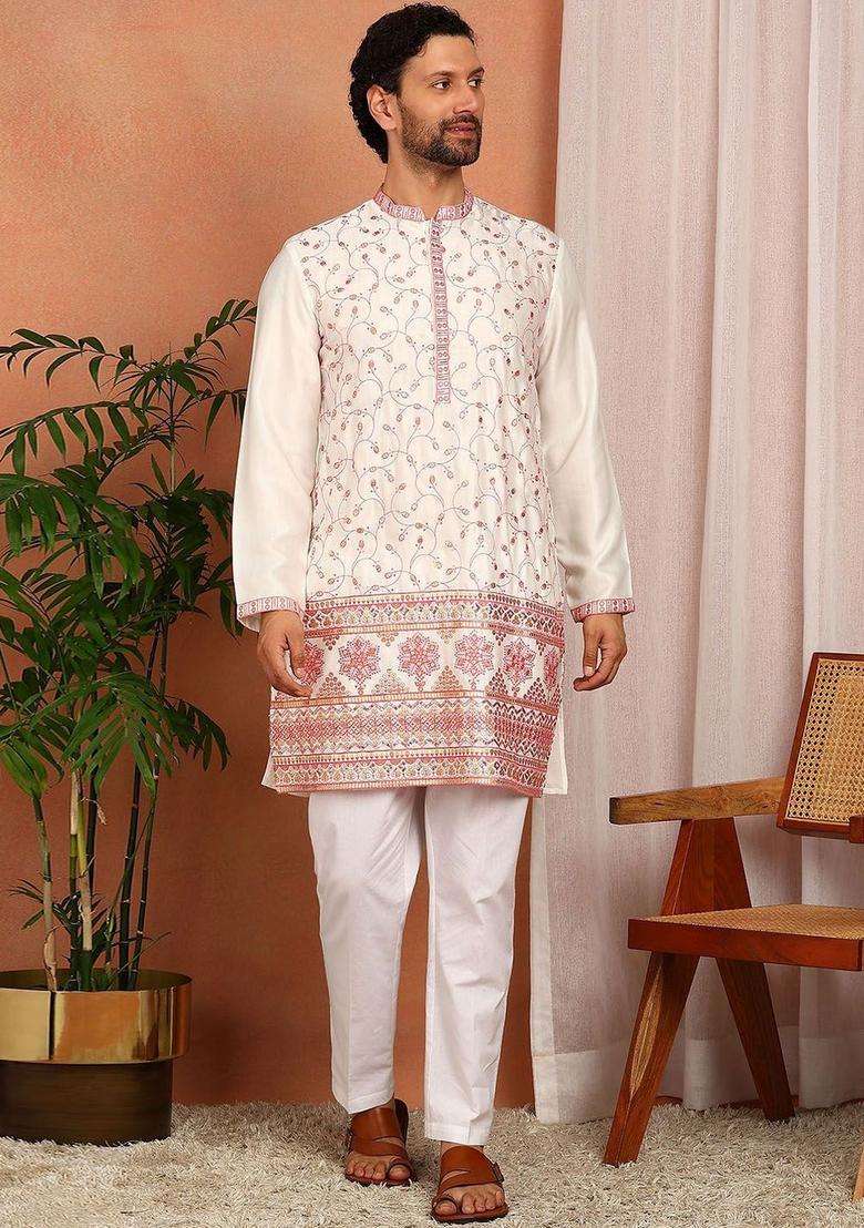 White Embroidered Silk Blend Kurta Set For Men - Indya