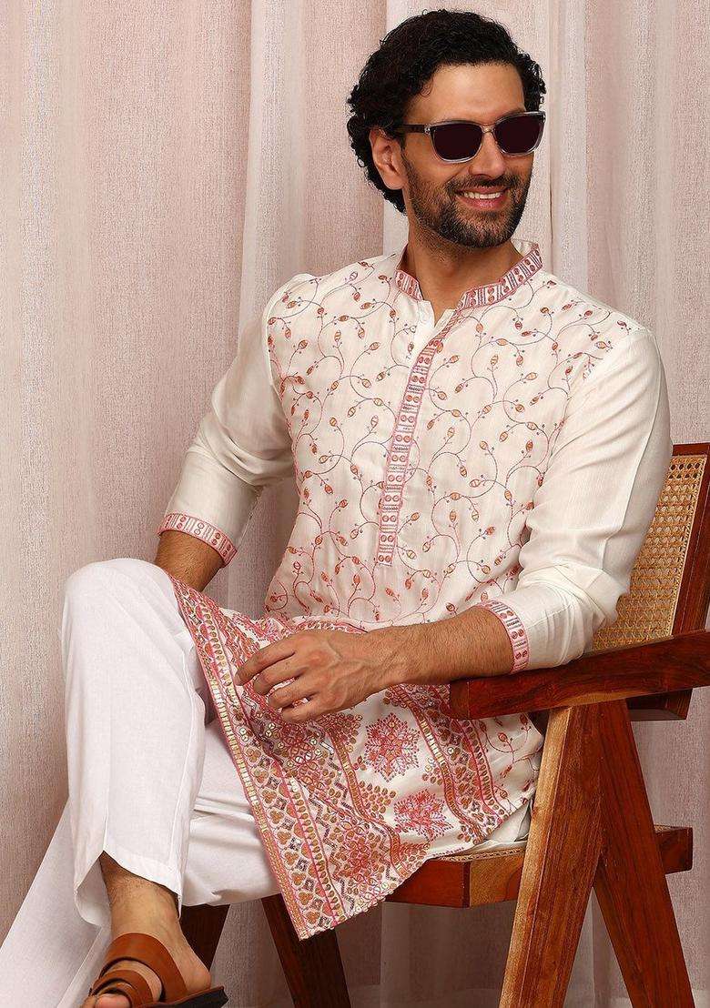 White Embroidered Silk Blend Kurta Set For Men - Indya