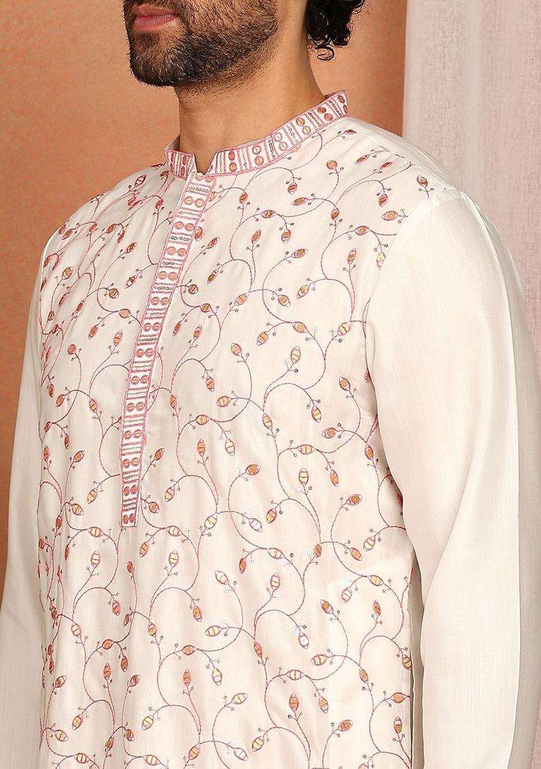 White Embroidered Silk Blend Kurta Set For Men - Indya