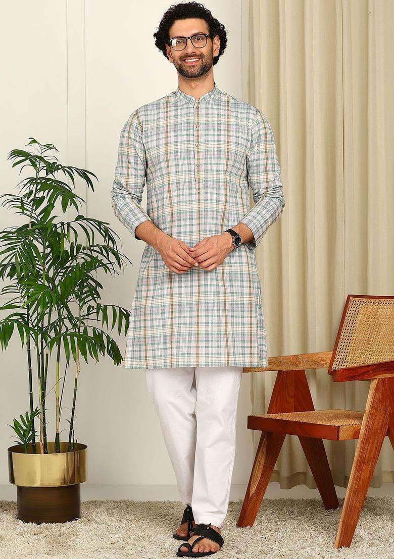 Multi Checked Cotton Kurta Set For Men - Indya