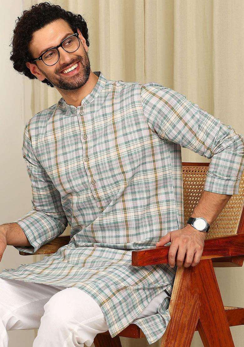Multi Checked Cotton Kurta Set For Men - Indya