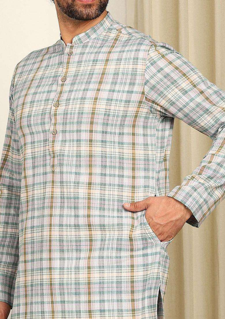 Multi Checked Cotton Kurta Set For Men - Indya