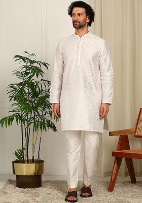 Off White Embroidered Silk Kurta Set For Men
