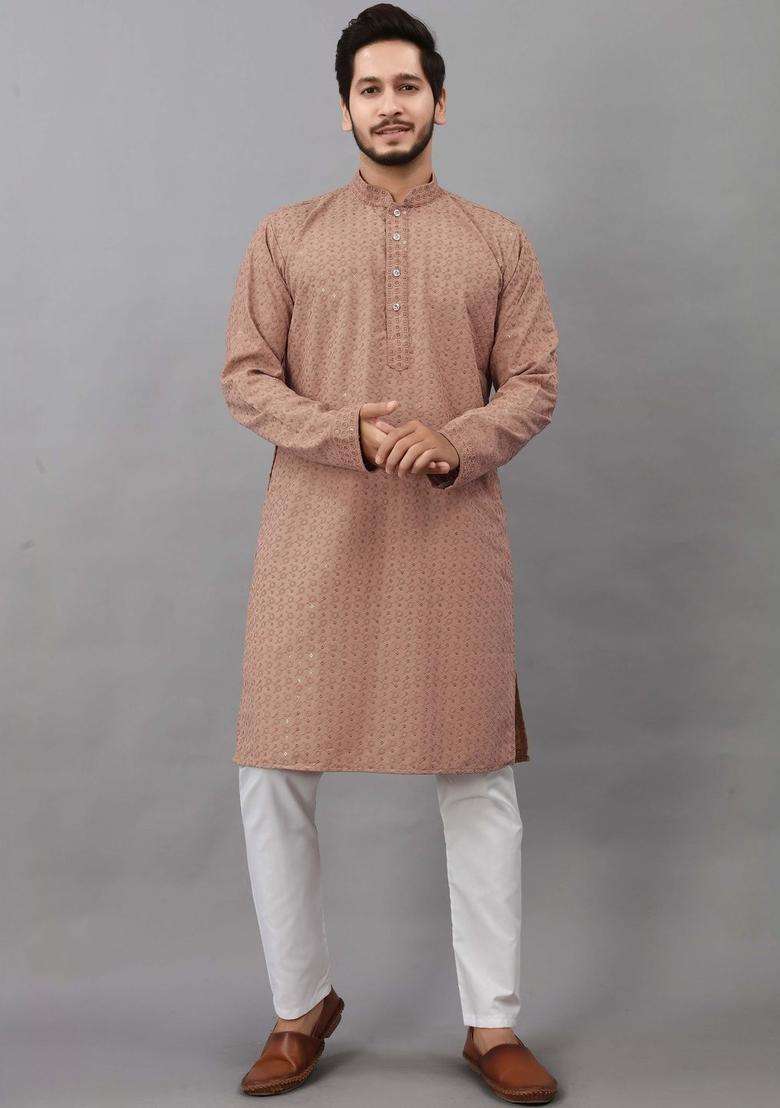 Beige Embroidered Viscose Kurta Set For Men - Indya
