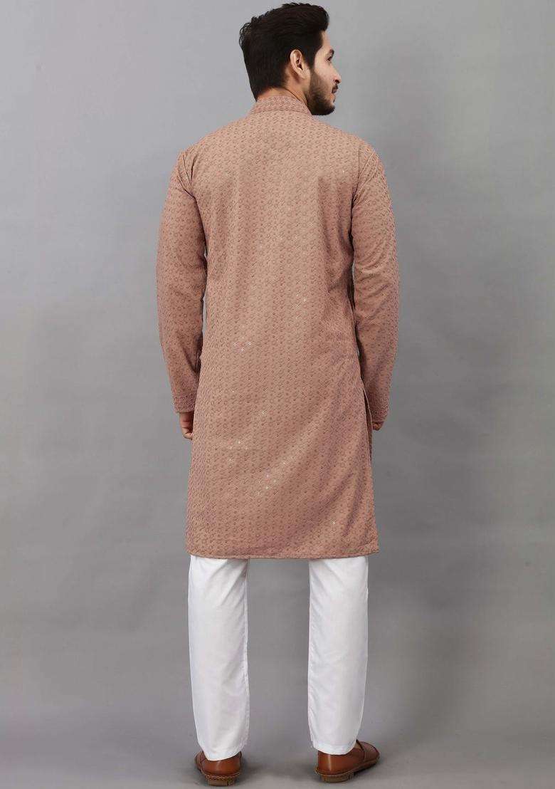 Beige Embroidered Viscose Kurta Set For Men - Indya