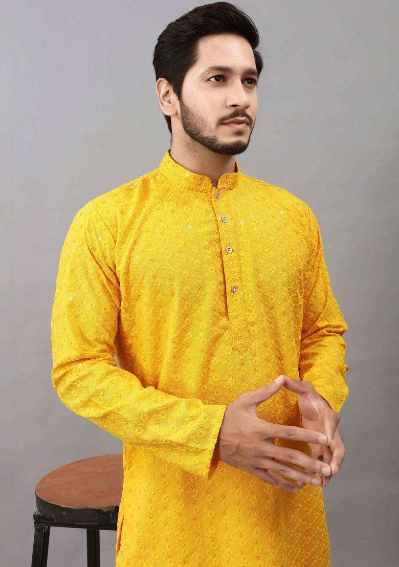 Yellow Embroidered Viscose Kurta Set For Men - Indya