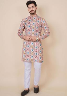 Pink Printed Viscose Kurta Set For Men