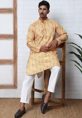 Yellow Embroidered Cotton Kurta Set For Men