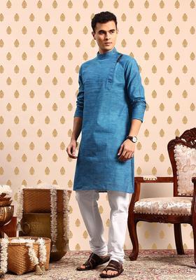 Blue Striped Polyester Kurta Set For Men