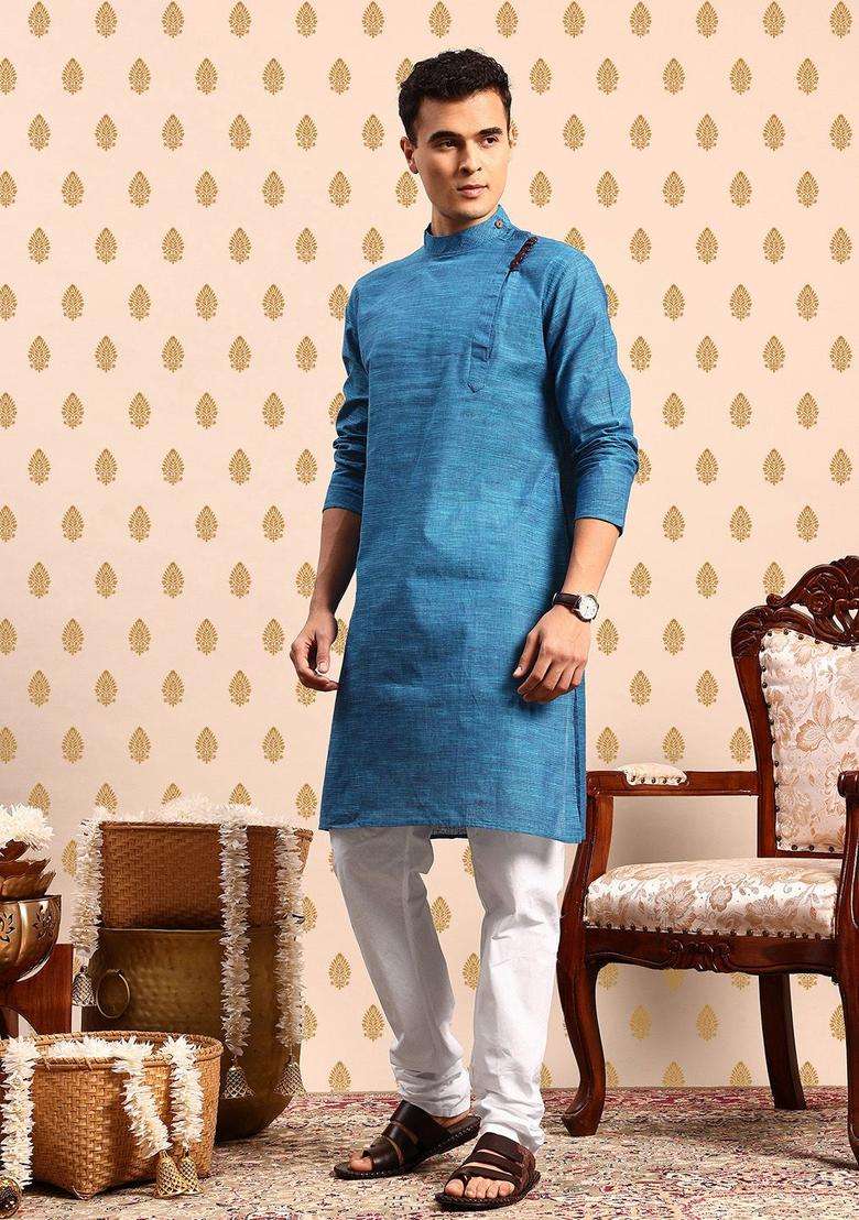 Blue Striped Polyester Kurta Set For Men - Indya