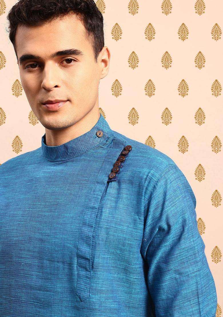 Blue Striped Polyester Kurta Set For Men - Indya
