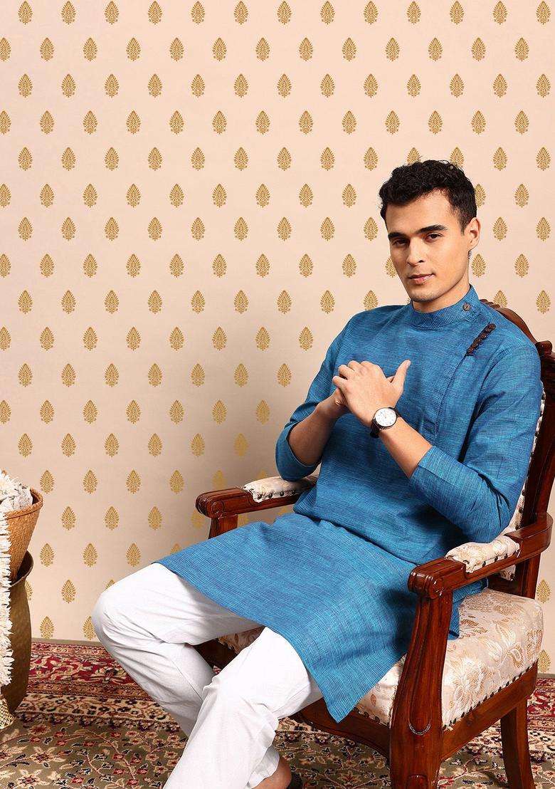 Blue Striped Polyester Kurta Set For Men - Indya
