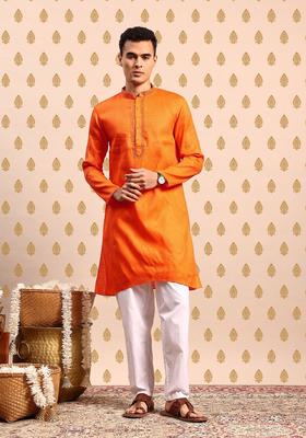 Orange Embroidered Polyester Kurta Set For Men