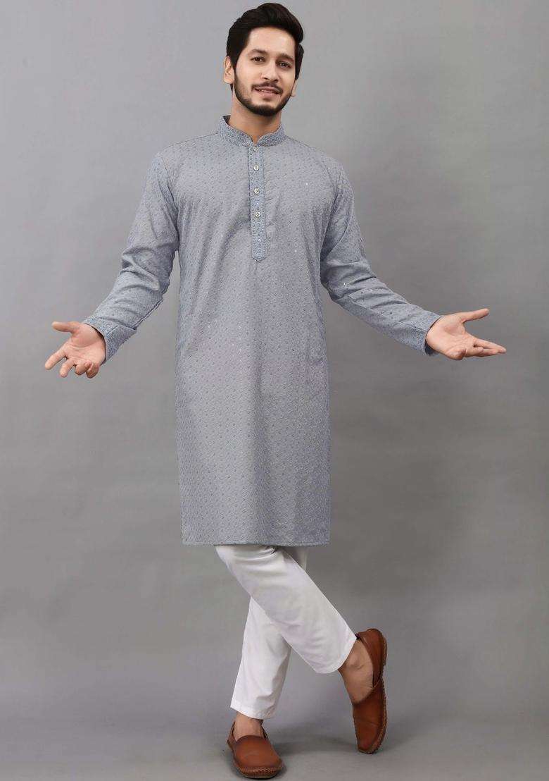 Grey Embroidered Viscose Kurta Set For Men - Indya