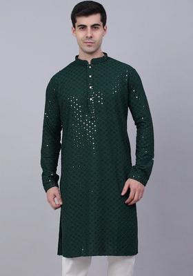 Green Self Design Viscose Kurta Set For Men