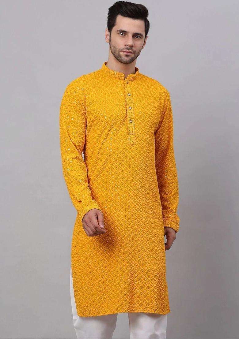 Yellow Embroidered Viscose Kurta Set For Men - Indya